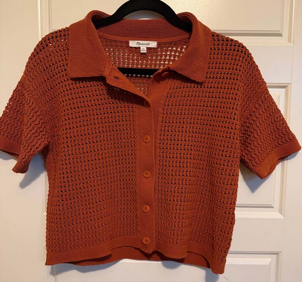 Madewell Afterglow Red Crochet Button Up Crop Top XXS Short Sleeve Collared - Picture 3 of 7